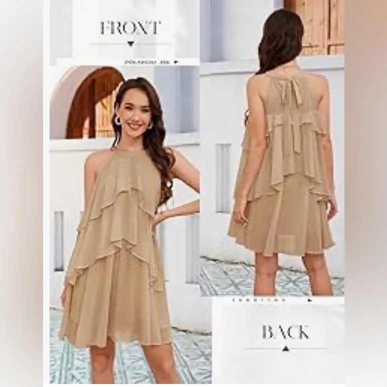 NEW DRESSTELLS Cocktail Ruffle Tiered Formal Wedding Guest Halter Mini Dress M Tan Size M - Image 2