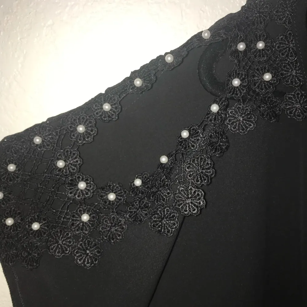 Zenobia Blouse Black Cold Shoulder Boutique Top w/ Pearls Sz 3X New Tie Front - Image 5