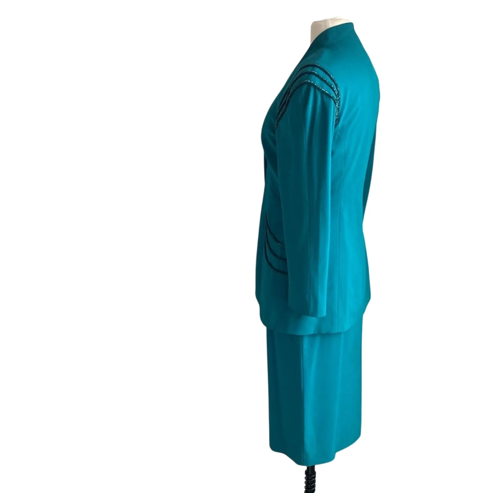 VINTAGE DAYMOR Skirt Suit Womens Sz 6 Teal Beaded Shoulder Blue - Image 8