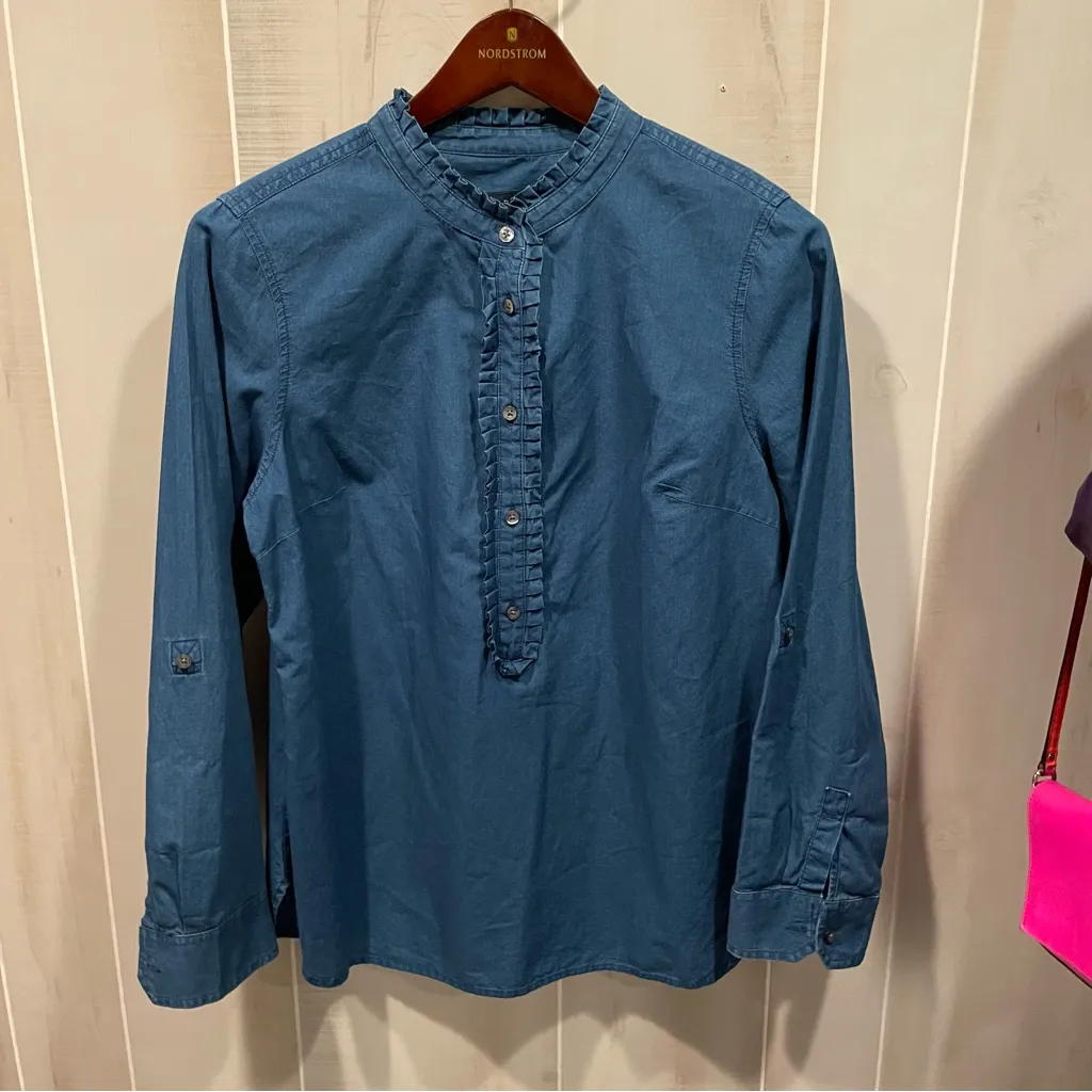 Cute Talbots chambray indigo blue ruffle button collar blouse flowy boho classic - Image 7