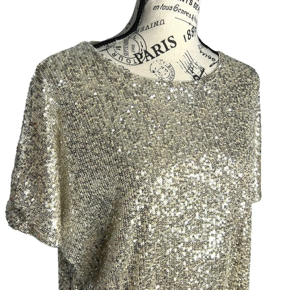 H&M  SMALL Sparkly Straight Cut Sequined Mesh Short Sleeve Top Blouse Tee - Image 6