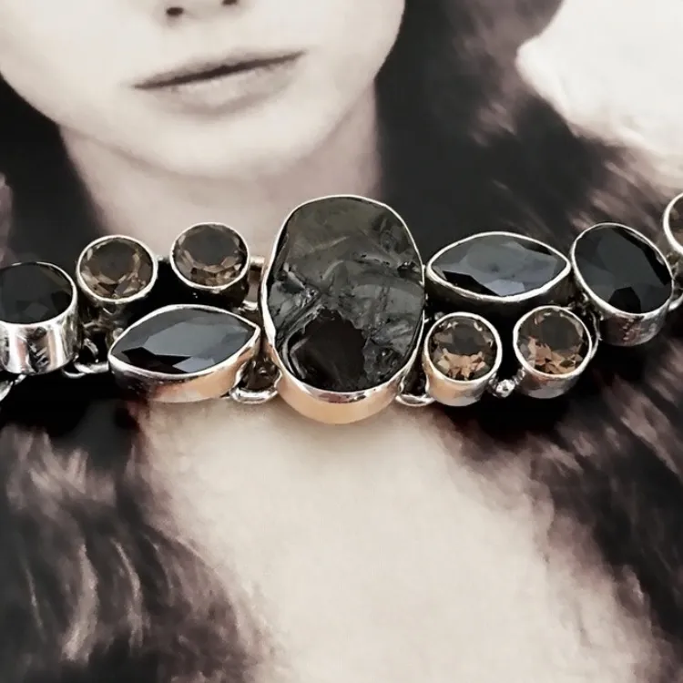 Sterling Silver Shungite, Black Onyx & Smoky Quartz Healing Bracelet - Image 8