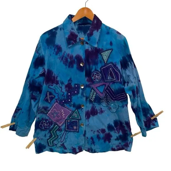 Y2K 90’s corduroy blue purple patchwork tie die embellished button front shirt🌈 Size XL - Image 1