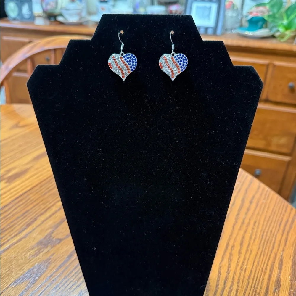 Patriotic Heart Dangle Earrings Red White Blue Rhinestones - Image 6
