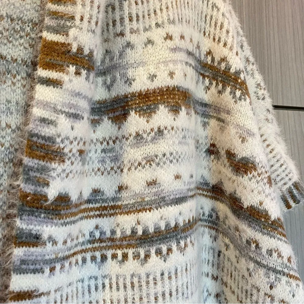 Boho Poncho Hooded Shawl Cardigan Cozy Sweater Coat One Size Cream Brown - Image 2