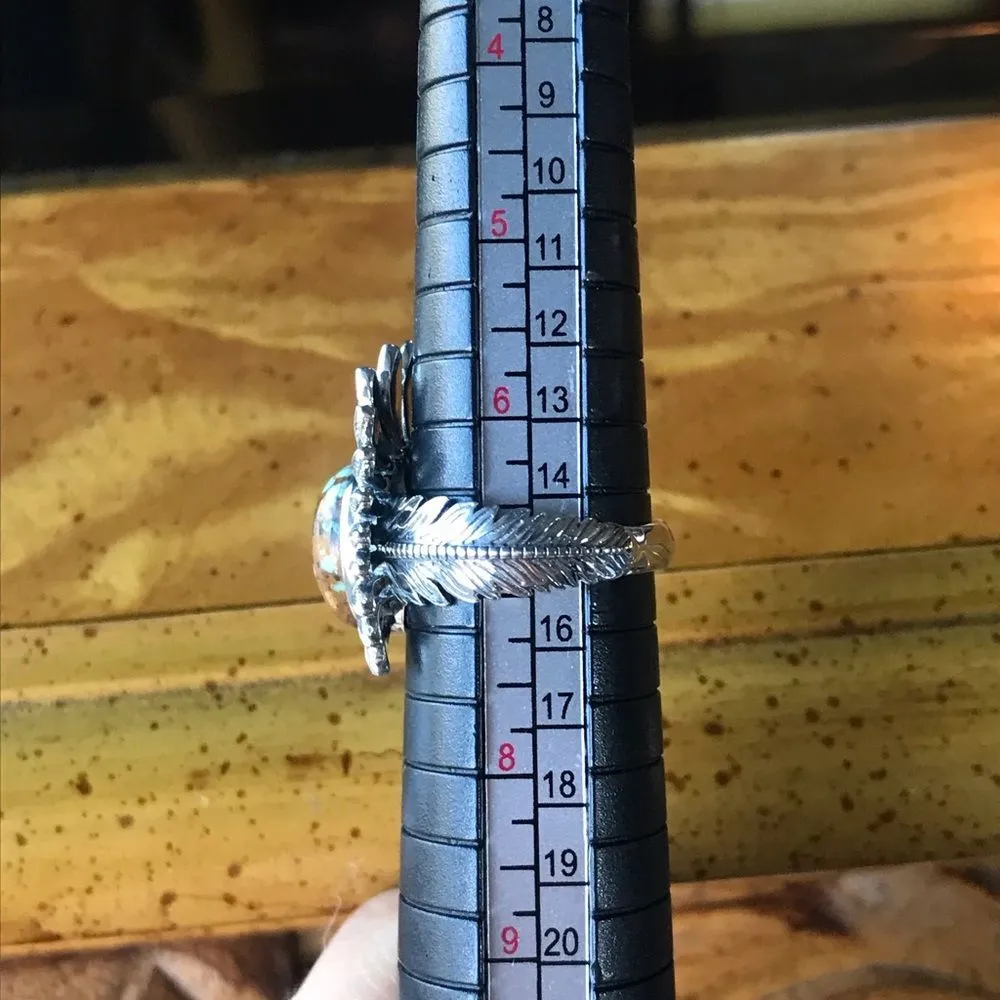 Natural Blue Turquoise Feather Crown Ring Size 7 Silver - Image 4