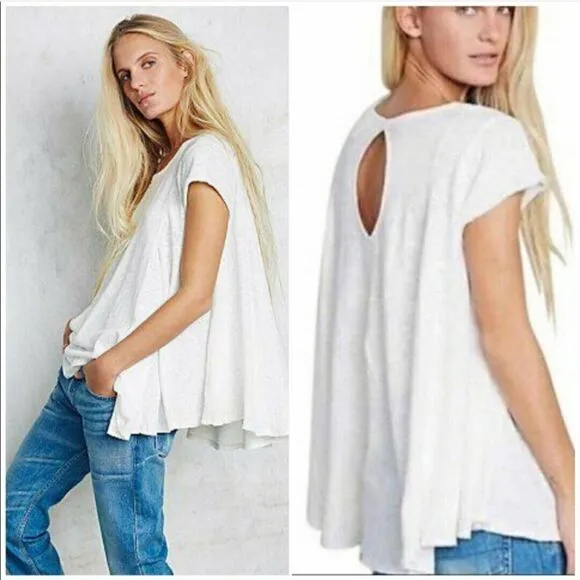 Free People We the Free Ivory Linen Blend Sylvie Keyhole Trapeze Fit Tee Size PS - Image 2