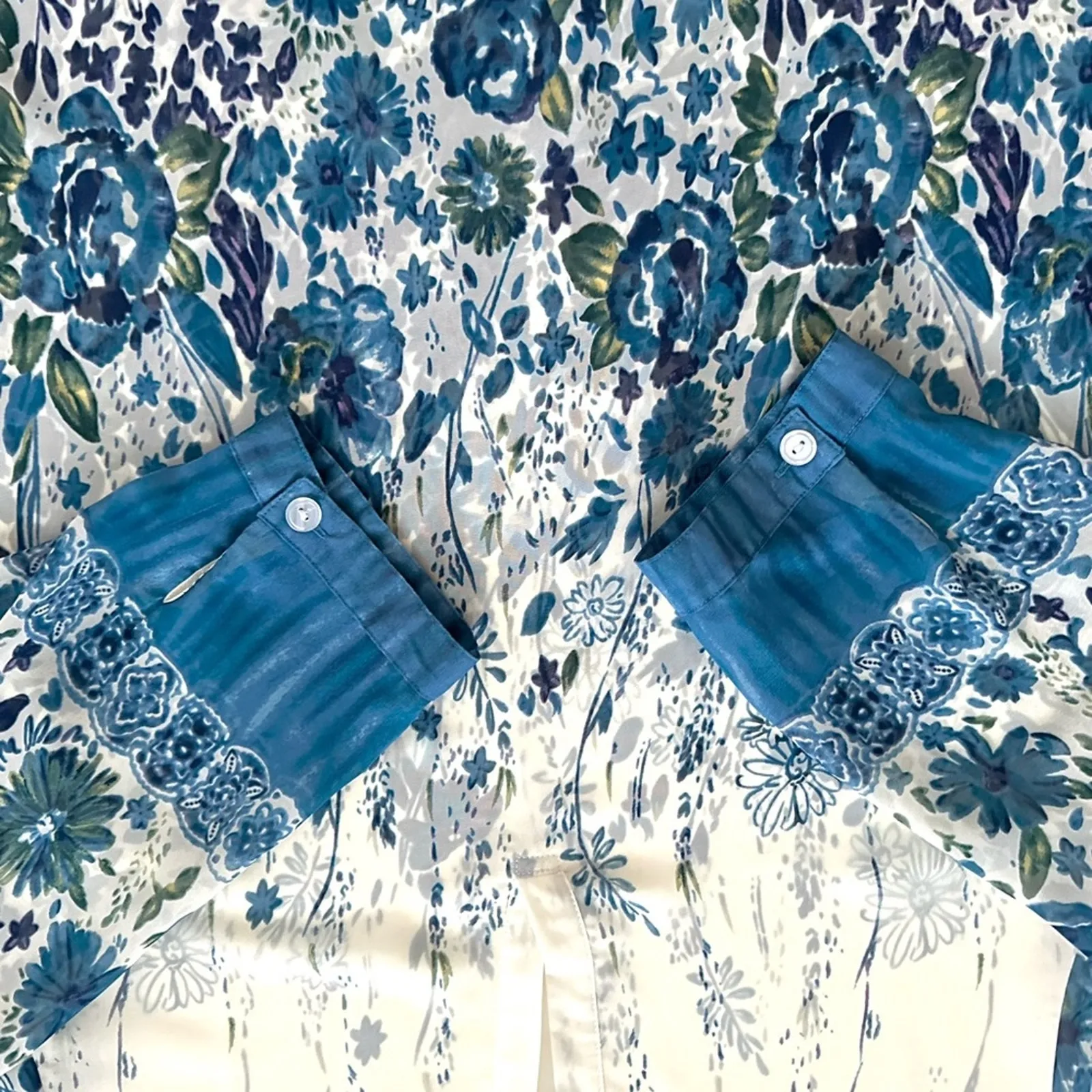 Soft Surroundings Blouse Top Ivory Blue Floral VNeck High Low Tunic Large Petite - Image 10