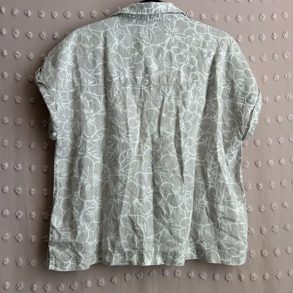 C&C‎ California 100% Linen Tropical Print Short Sleeve Button Up Sz L Grey - Image 2