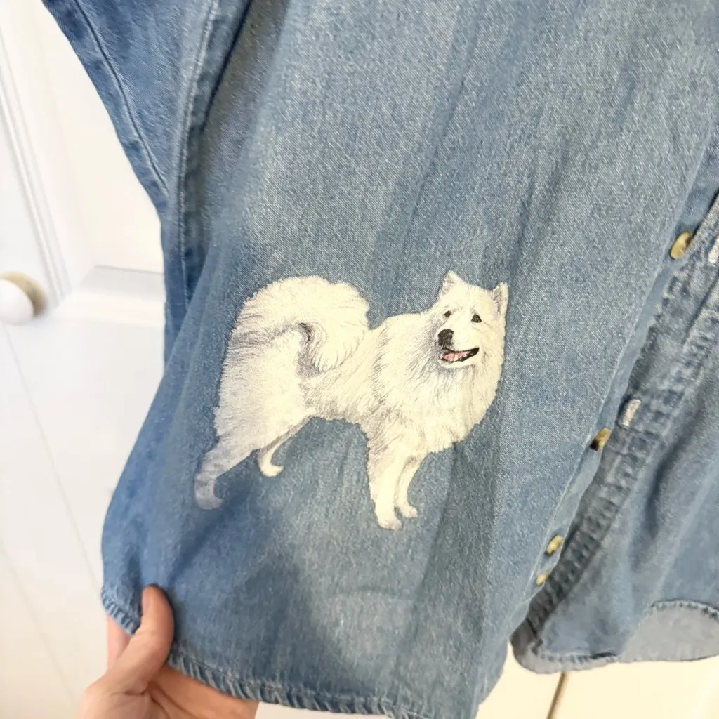 Vintage Luna Pier Denim Blue Shirt with Husky Dog Animal Design LARGE - Image 3