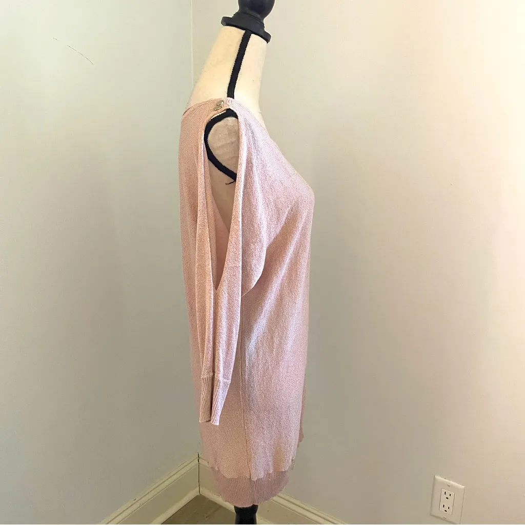 Y2K Metallic Pink Sweater Dress Medium Pastel Cream Cold Shoulder‎ Ribbed Mature - Image 2