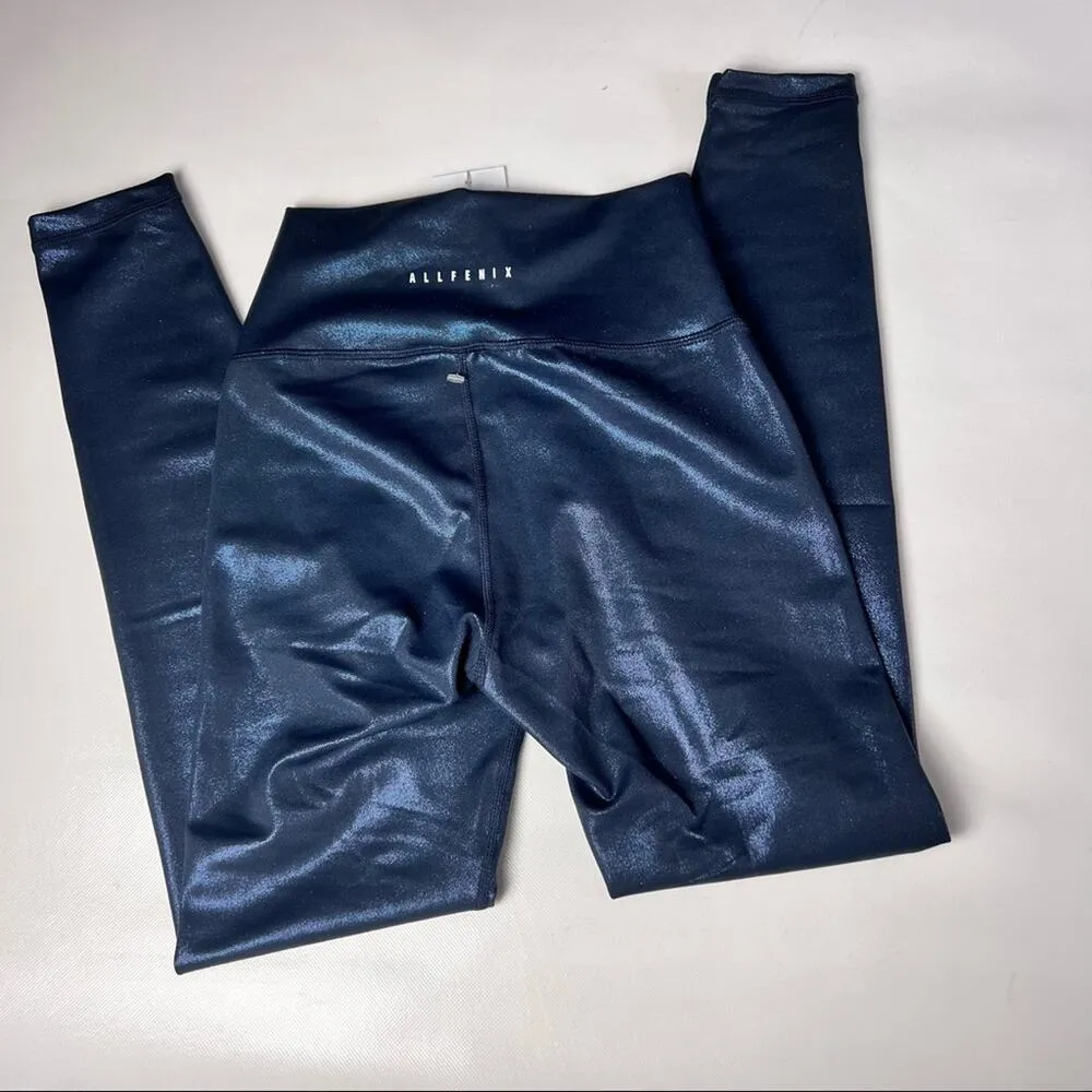 ALLFENIX Women Sporty Athletic Style Liquid Navy Shimmer 7/8 Legging Sz S Blue - Image 5