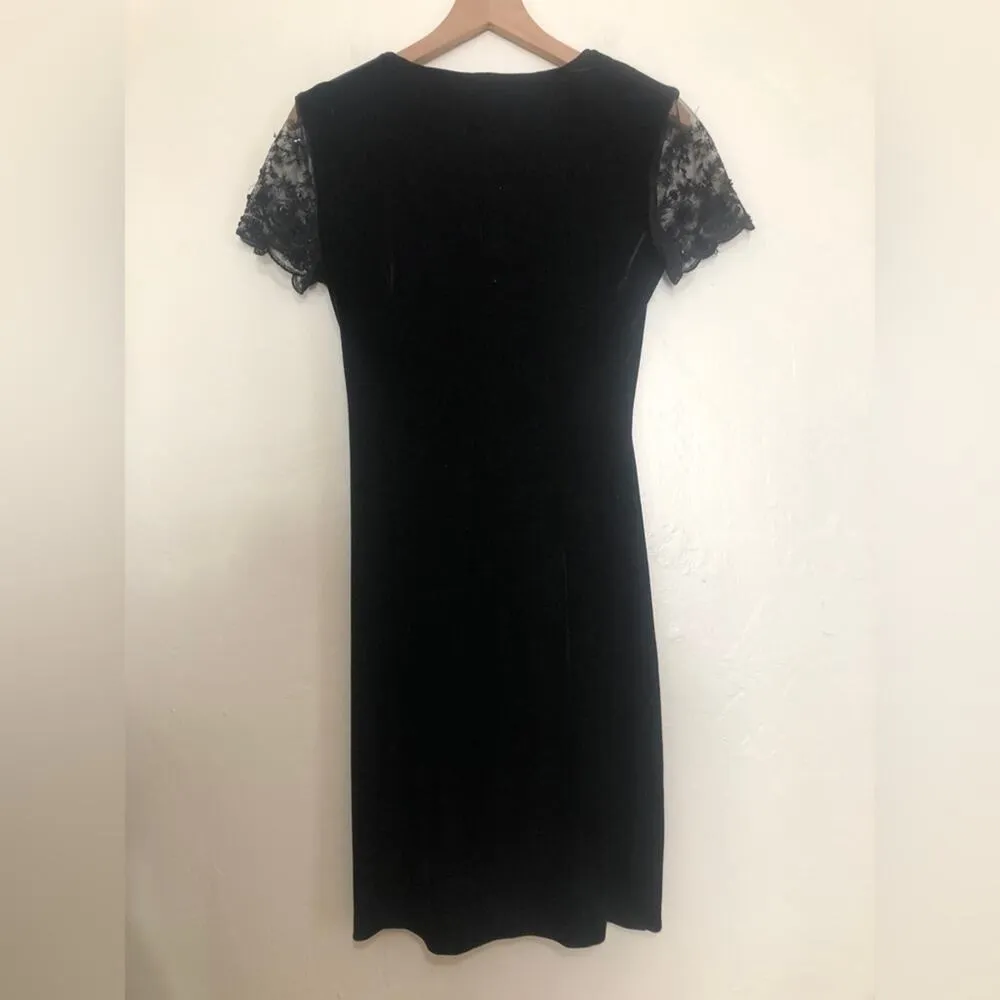 Vintage 90s Robbie Bee Black Velvet Beaded Short Sleeve Cinched Waist Midi Dress - Image 7