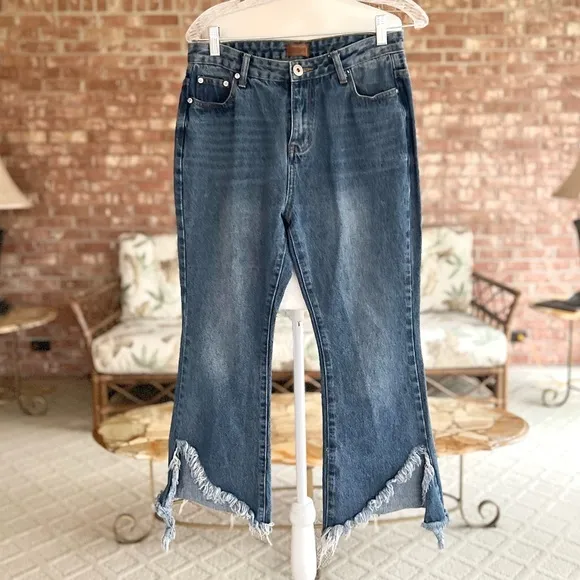 POL Jeans Cropped Flared Raw Split Hem Destructed Ankle Blue S Frayed Whiskered - Image 2