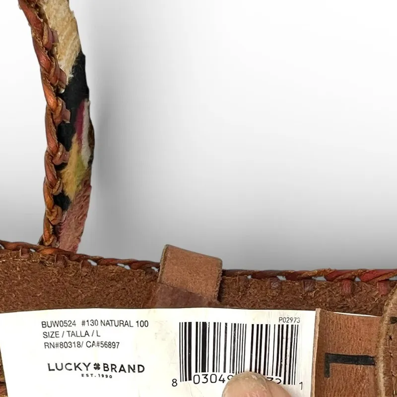 Vintage Lucky Brand L brown leather belt woven textile inlay Patch embroidered - Image 7