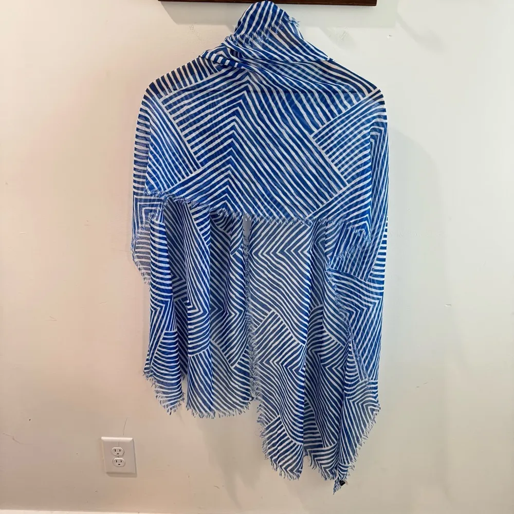 Echo Blue White Stripe Fringe Trim Lightweight Scarf - Image 5