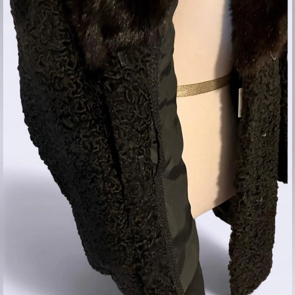 Vintage Mink Fur Collar Persian Lamb Coat Black Size M - Image 7