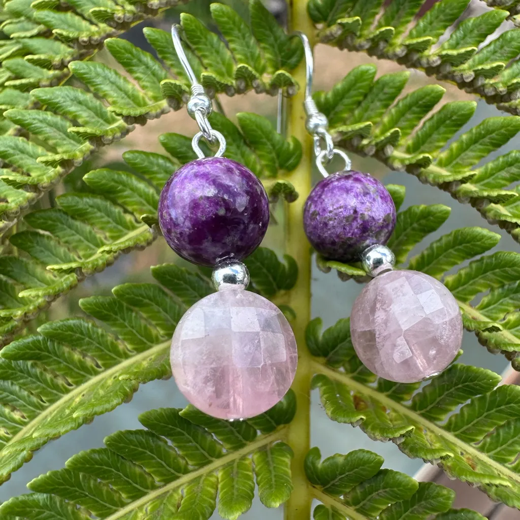 Atlantisite & Faceted Rose Quartz Coin AAA Earrings Sterling Silver Handmade - Image 3