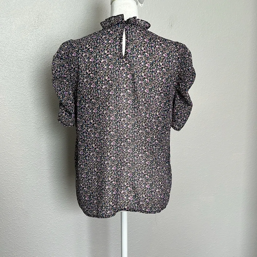 Pigalle Short Puff Sleeve Ruffle Blouse Size Medium Purple - Image 4
