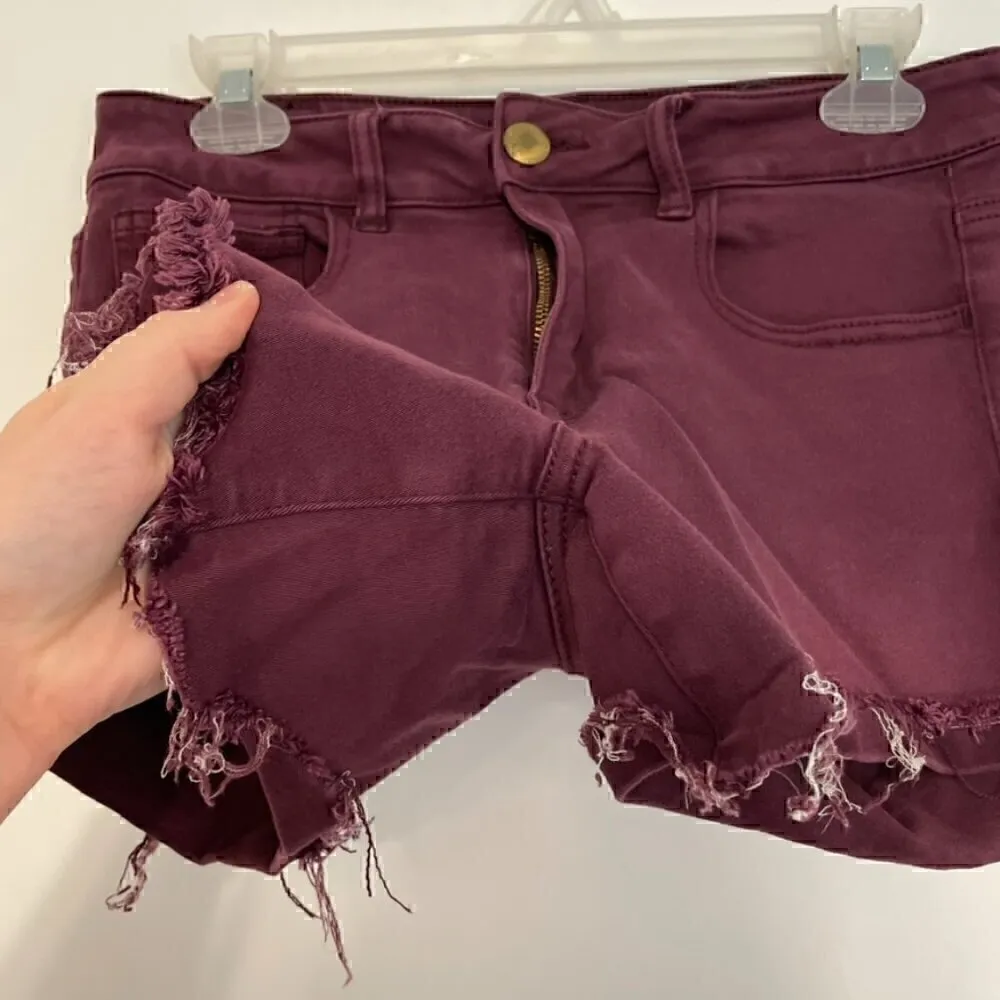 AMERICAN EAGLE Super Stretch Hi-Rise Shortie Burgundy Maroon Red Raw Hem Shorts - Image 9