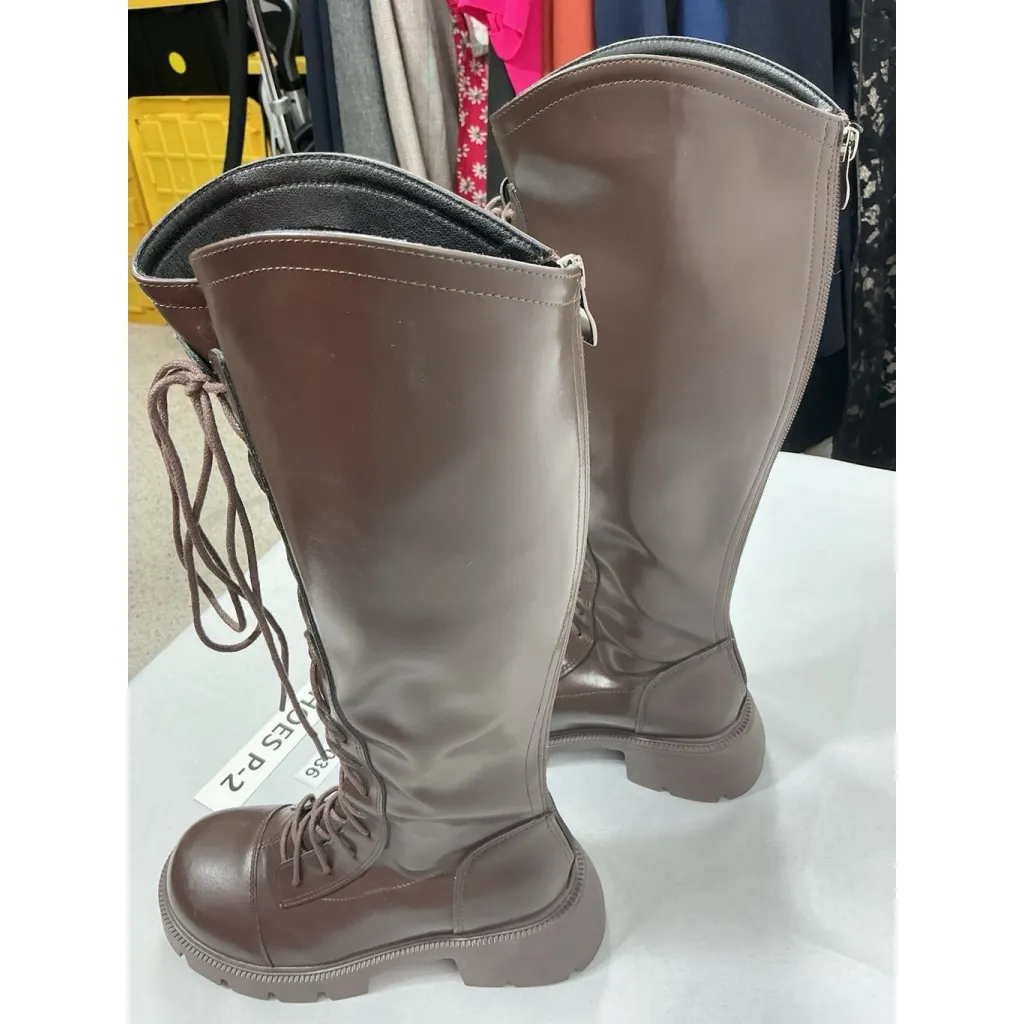 Womans Knee High Combat Boots Brown Eu 37 Us 6.5/7 Lace Up Back Zip NWOT - Image 3