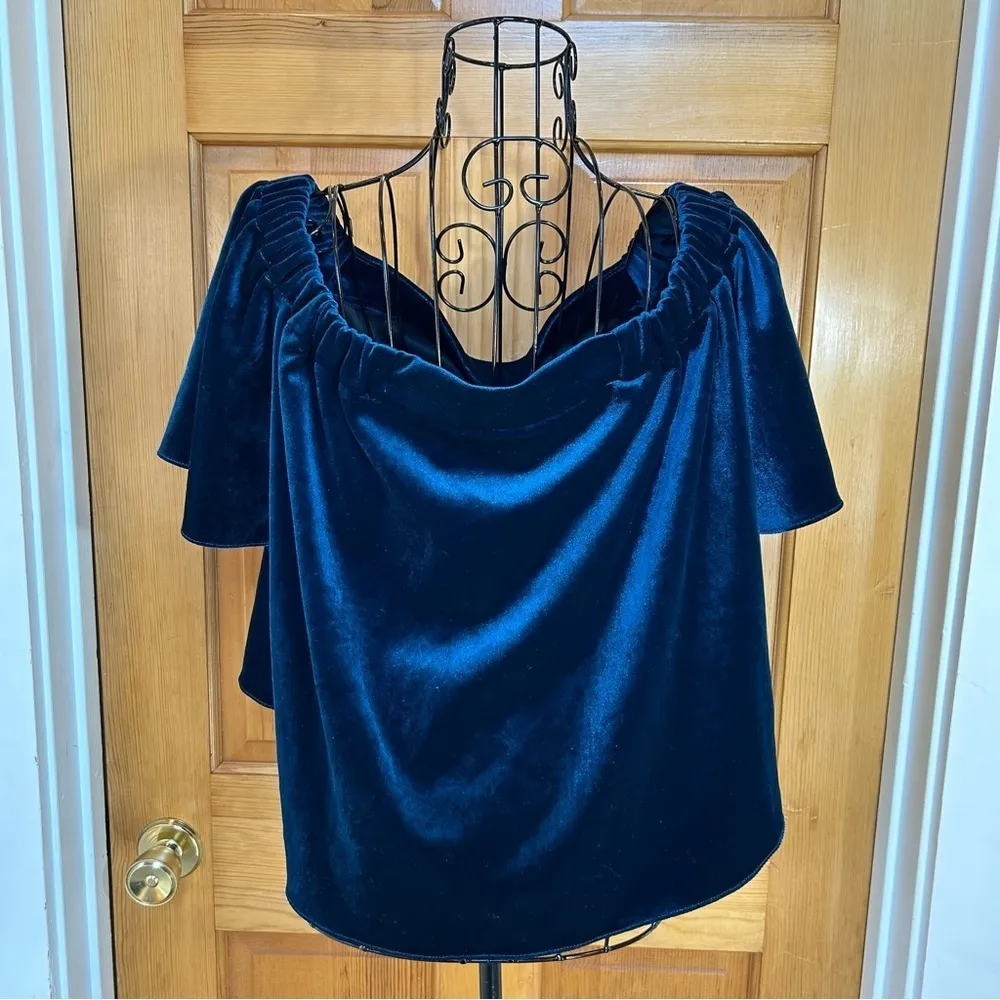 Topshop Bardot Blue Velvet Short Sleeve Off Shoulder Crop Top Size 12 NWT - Image 7