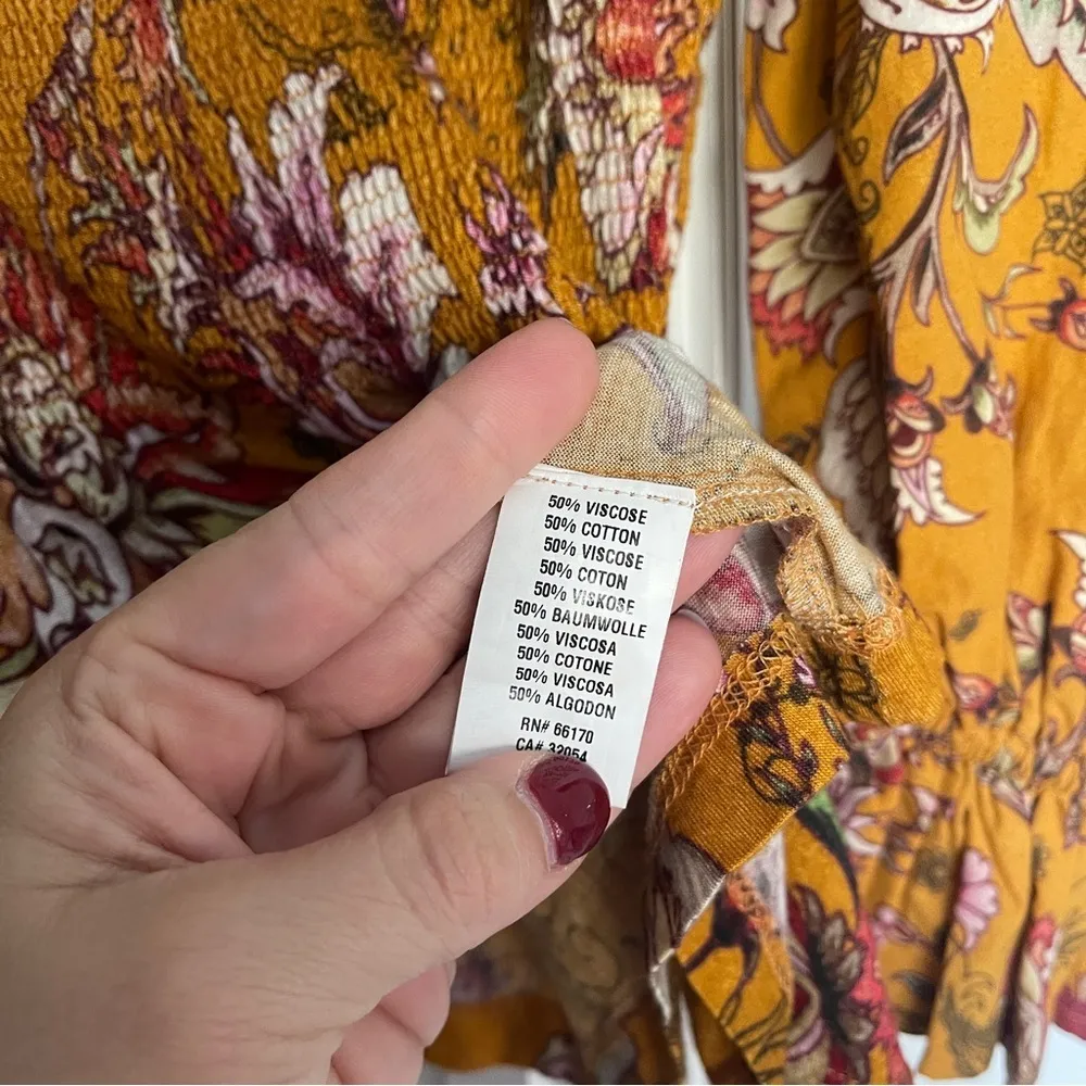 Conditions Apply Anthropologie Yellow Floral Smocked Peplum Blouse - Image 5