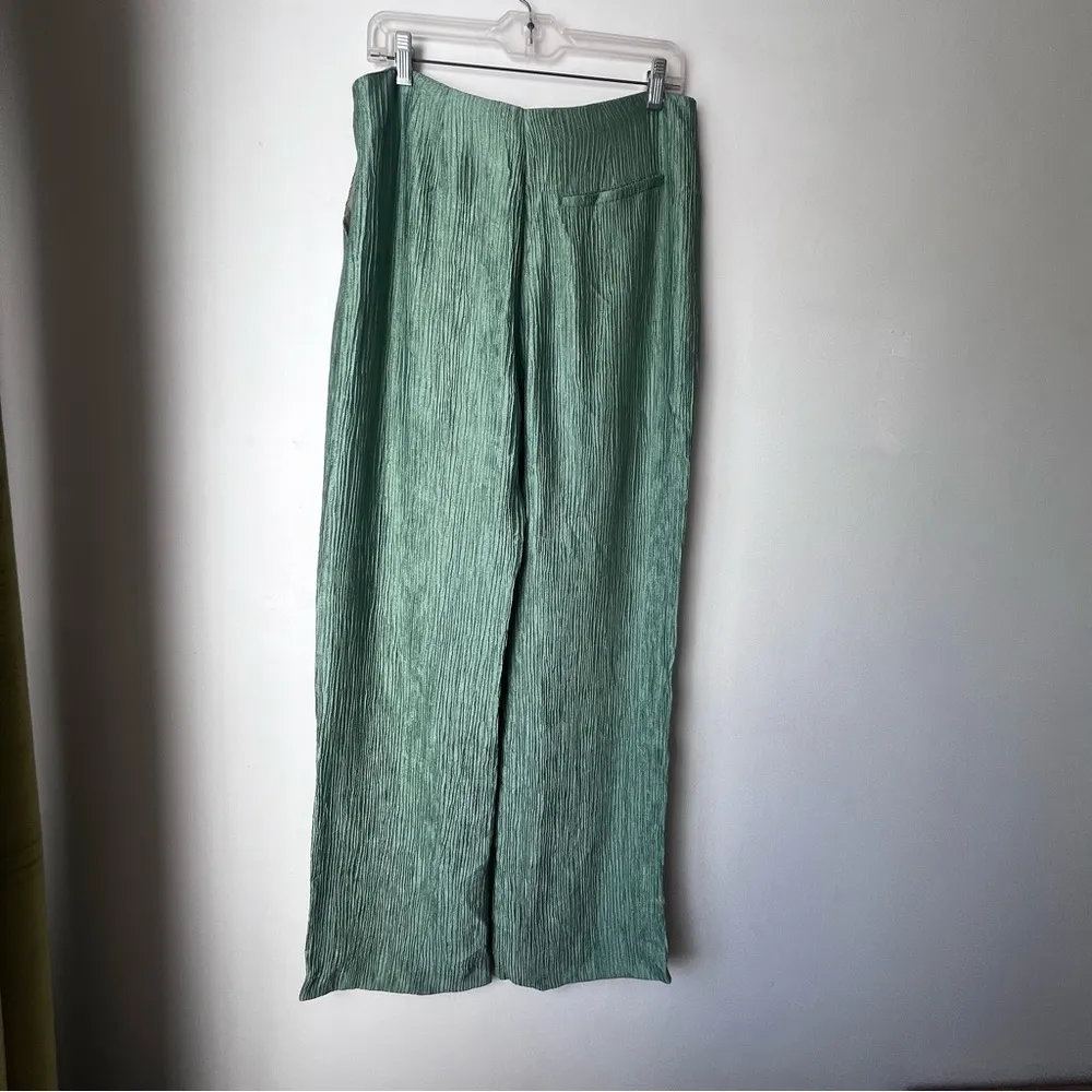 Nanushka Tabbie Green Metallic Crinkled Viscose Wide Leg Plisse Crepe Trousers L Size L - Image 9