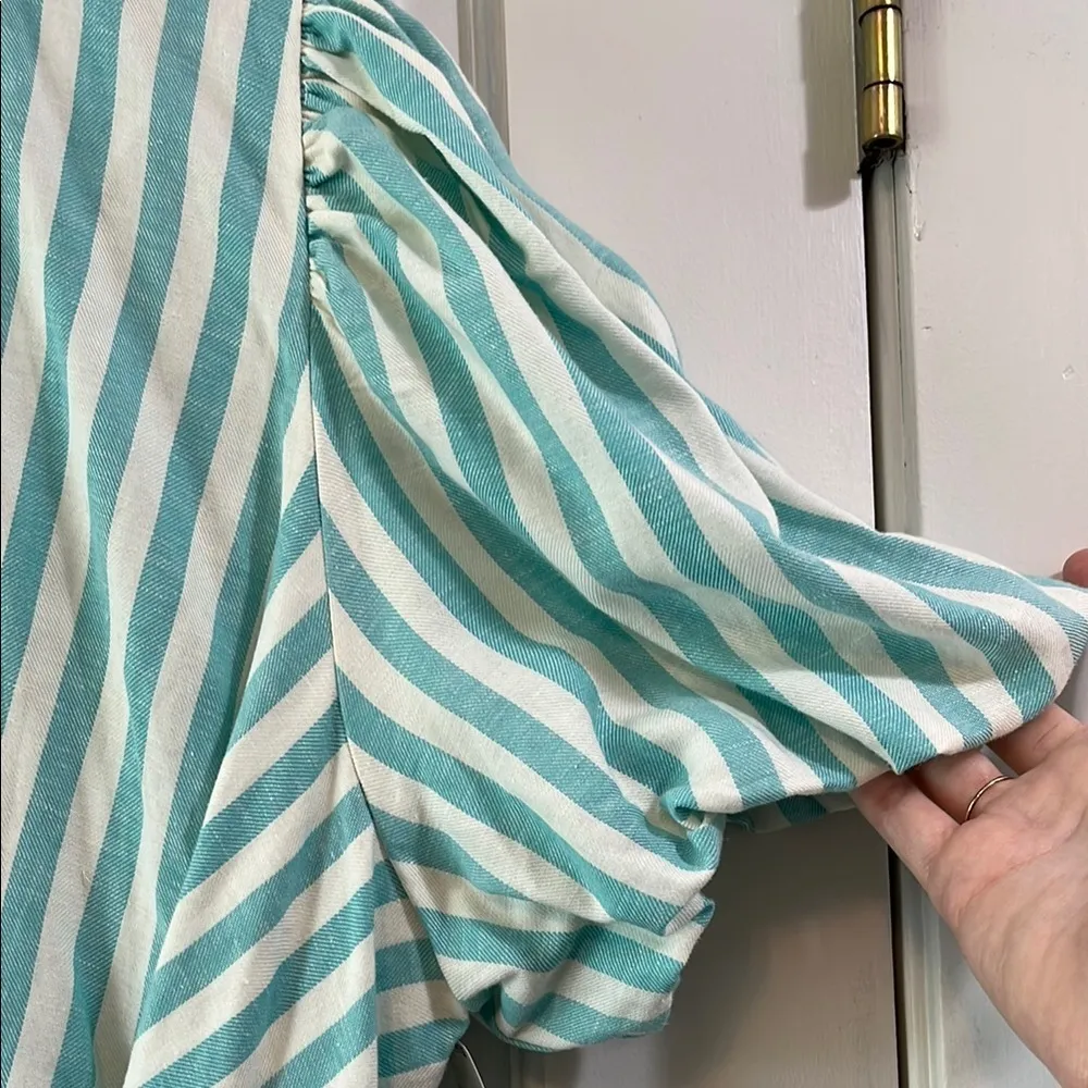 NWT Draper James Teal and White Puff Sleeve True Wrap Linen Mini Dress - Size XL - Image 6