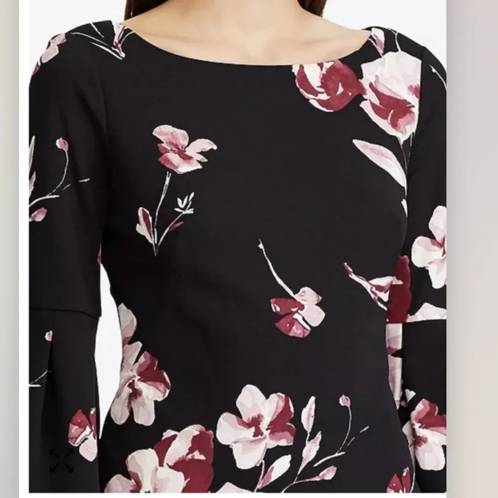 Ralph Lauren Pink Purple Floral Black 3/4 Bell Sleeve Stretch Crepe Dress Size 2 - Image 2