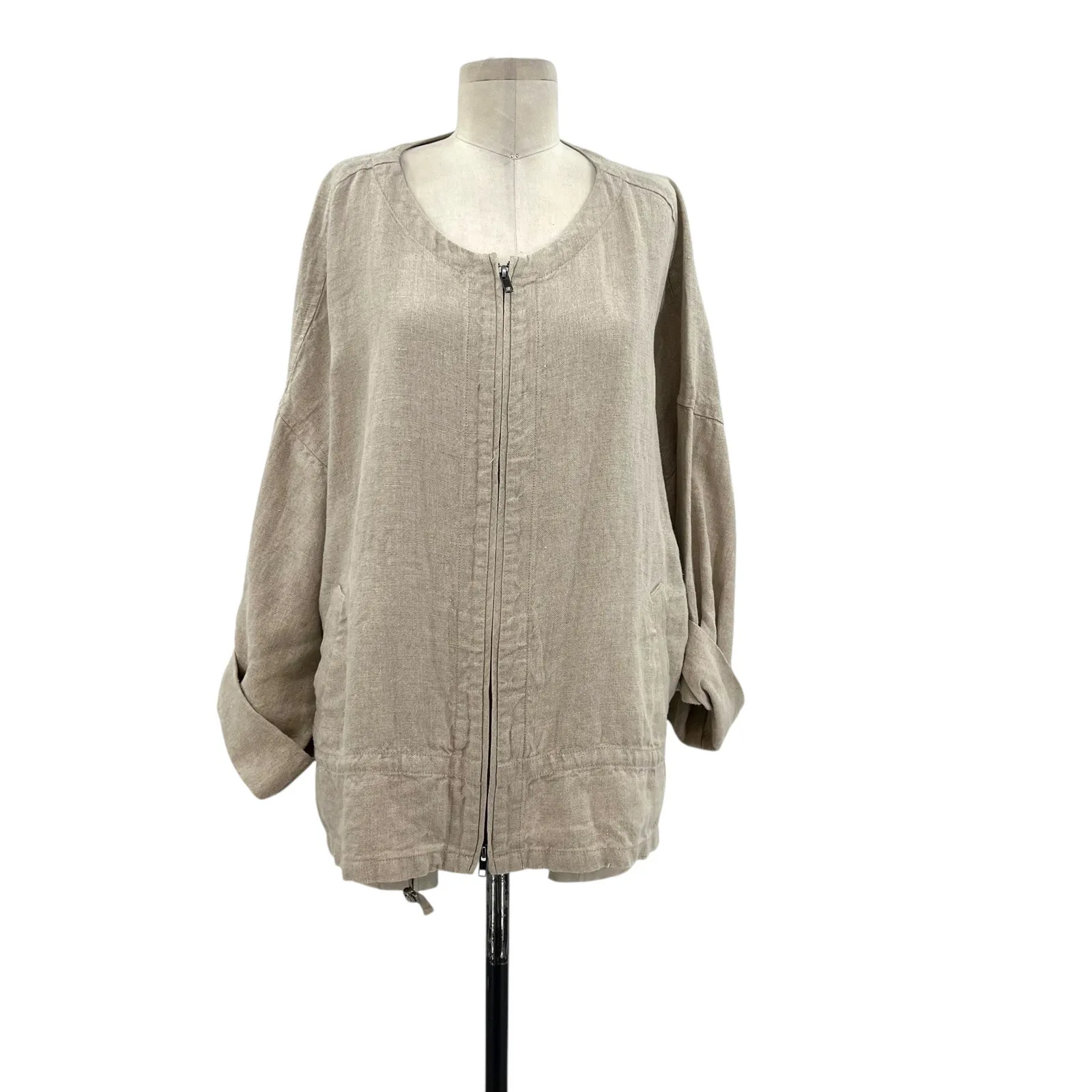 Eileen Fisher Organic Linen‎ Zip Front Jacket Drawstring Natural Tan Size XL - Image 2
