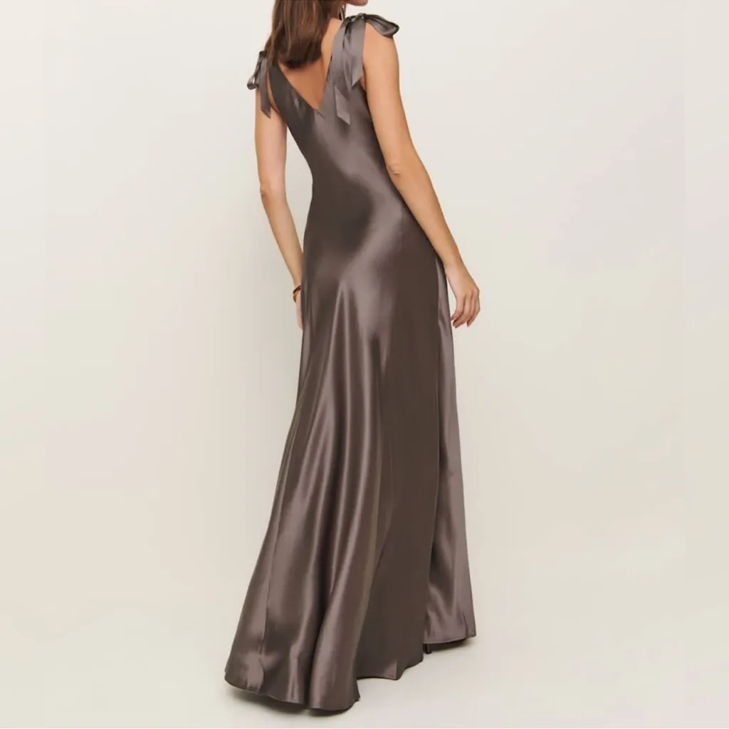 NWT Reformation Pernille Silk Maxi Dress in Magnetic Brown, Flaw - Image 3