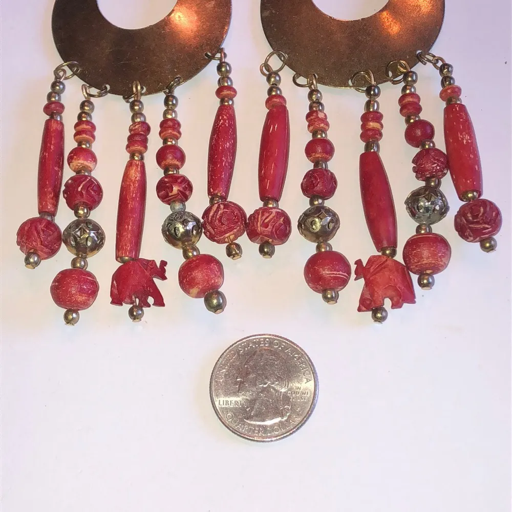 HUGE Vintage Brass & Red Carved Wooden Elephant Beads Beaded Boho Earrings - Image 9