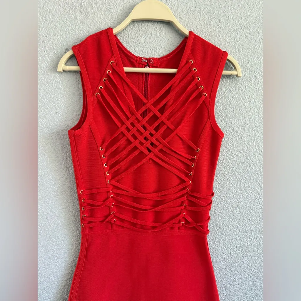 Herve Leger Red‎ Bandage Dress Criss Cross Lace Up Detail Size XS - Image 2
