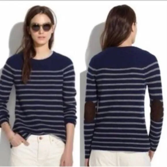 Madewell elbow patch striped sweater navy and gray small - Image 2