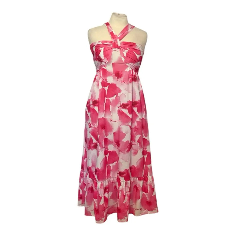Grace Karin Criss Cross Halterneck Flowly A Line Maxi Dress‎ in Pink Watercolour - Image 5
