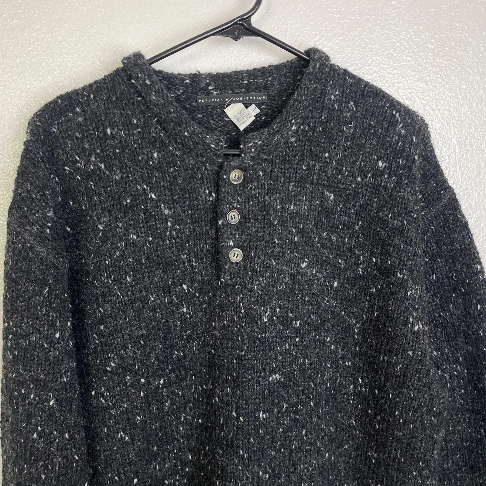 Peruvian Connection Sweater Womens Large Gray Wool Mohair Pullover Henley Button - Image 4