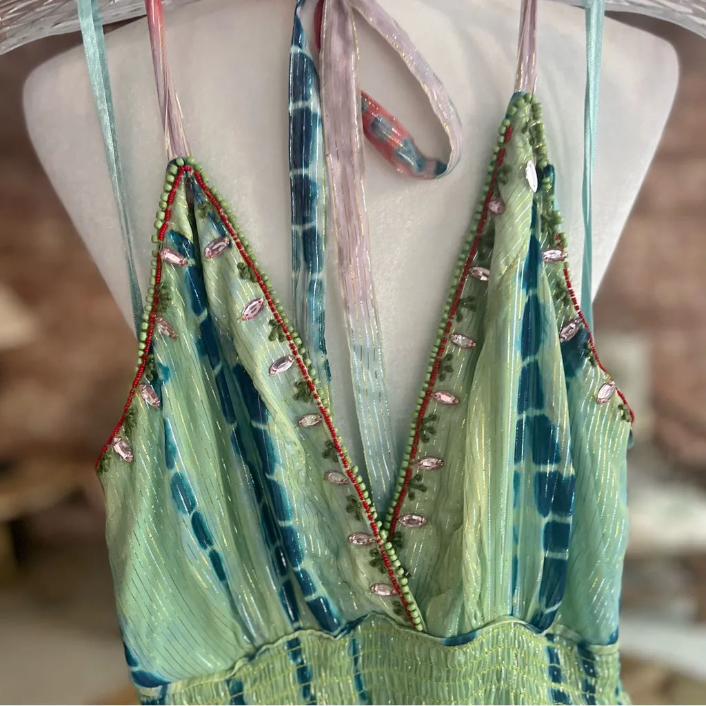 NWT Boston Proper Maxi Dress Halter Tie Dye Metallic Shimmer XS Low V-Neck Boho - Image 5