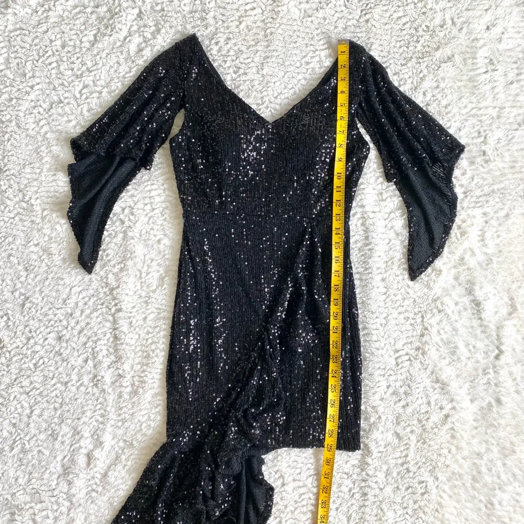 Dalia Macphee Sequin Asymmetrical Ruffle Mini Dress M Witchy Vampire Halloween Black Size M - Image 5