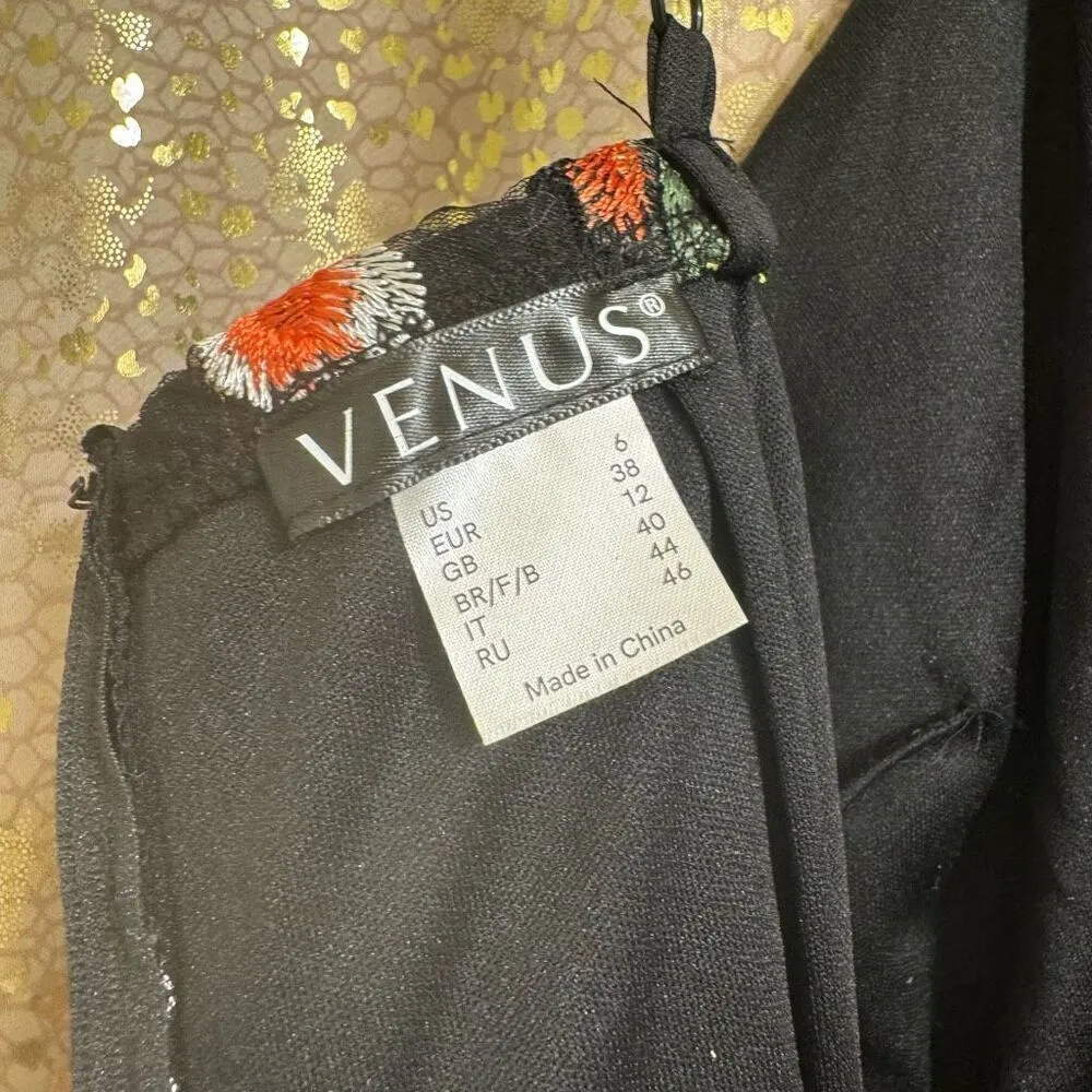 Venus Delicate Black Floral Embroidered Colorful Floral Dress 6 NWT - Image 6