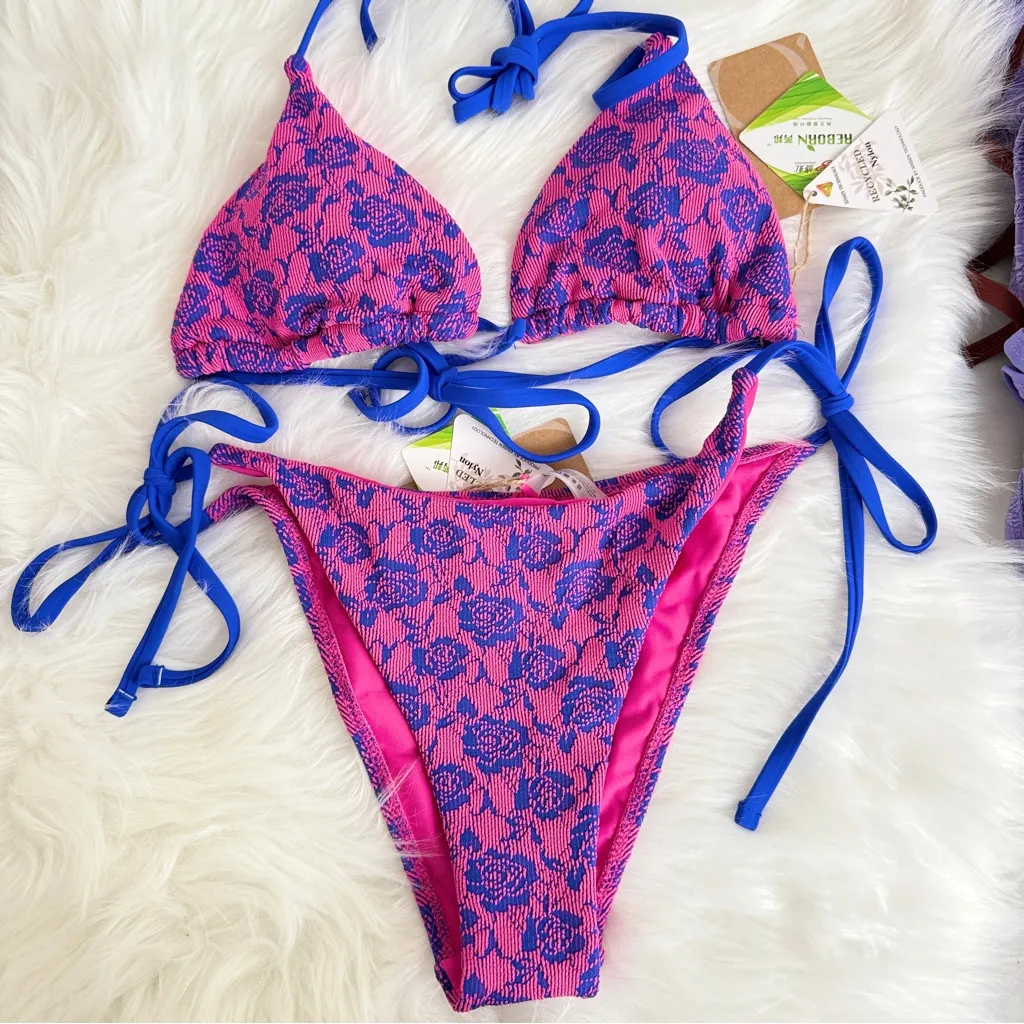 Berlook Rose Jacquard Bikini Top & Tie Bottom Pink - Image 10