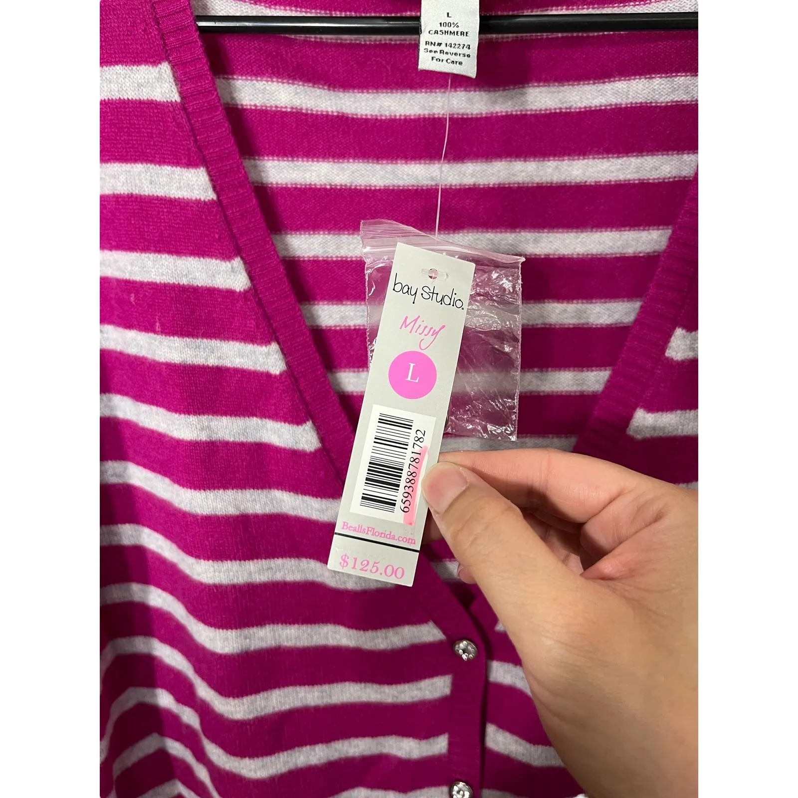 Bay Studio Striped 100% Cashmere Cardigan Sweater L Long Sleeve Button Down New Purple Size L - Image 7