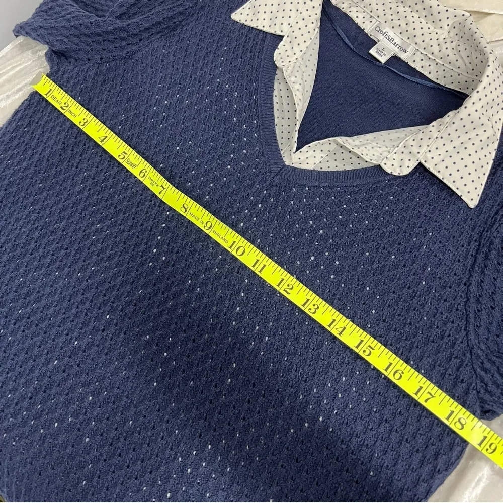 Croft & Barrow large knit Sweater w/built in Polk a dot blouse navy blue white - Image 8