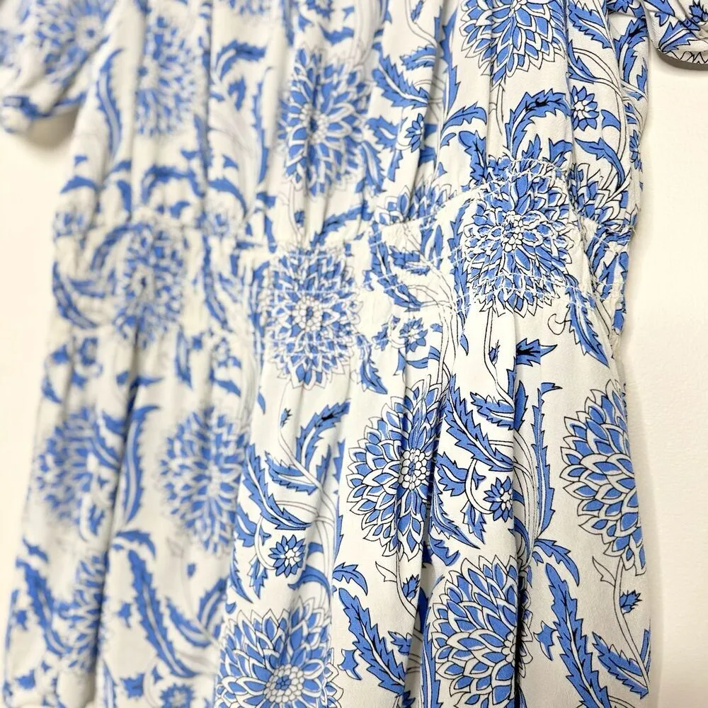 Talbots Blue Floral Peblum Puff Sleeve Blouse Elastic Waist 100% viscose size M - Image 4