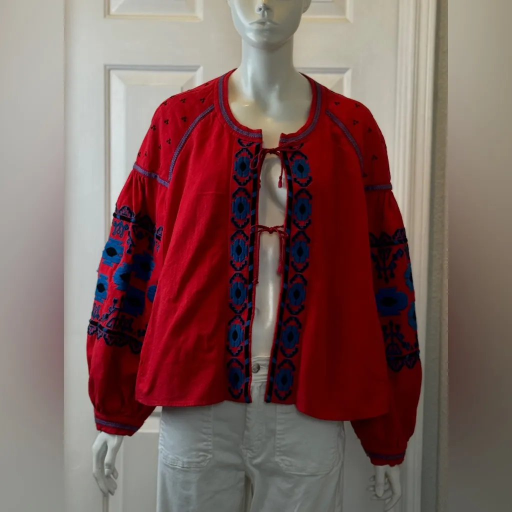 Free People Linen/Cotton Blend Vibrant Red Bohemian Jacket Blue Floral Accents L - Image 2