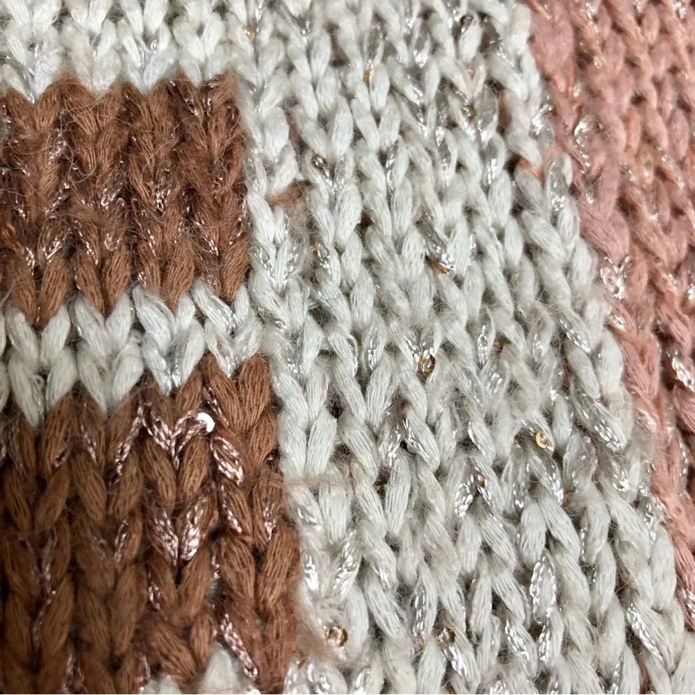 Oversized Knit Sweater Cowl Neck Sequins Dusty Rose Pink Aztec Print XS - Image 5