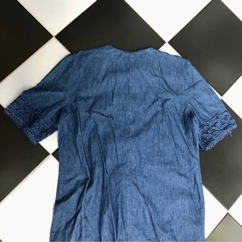 Vintage 80s 90s  Montreal Denim Dress Short Sleeve Eyelet Cutout XL - Image 8