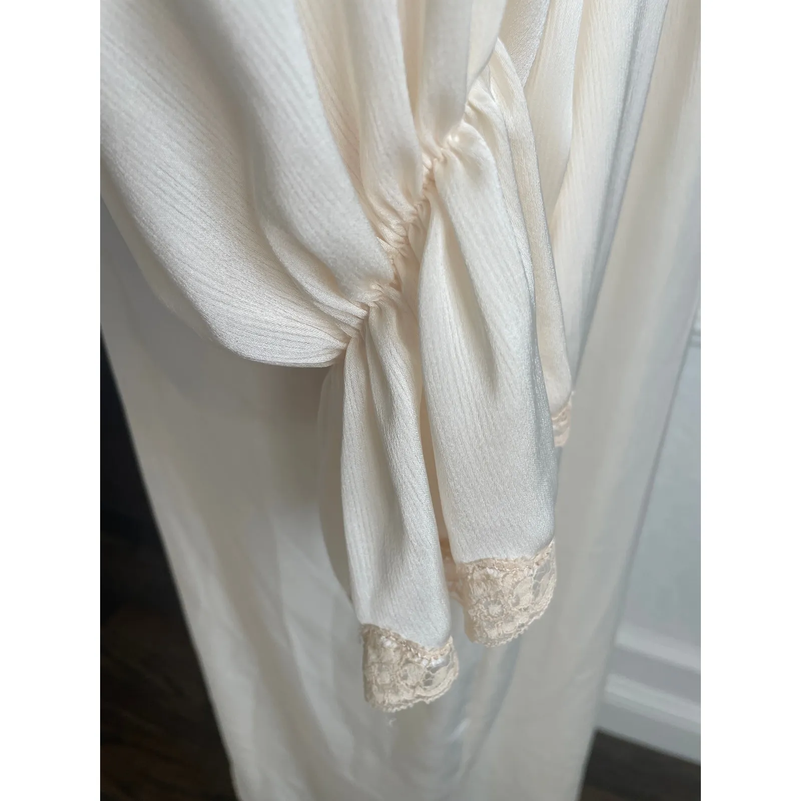 Vintage Etienne Cream Lace Trim Robe Women’s Small Elegant Satin Peignoir Yellow - Image 10
