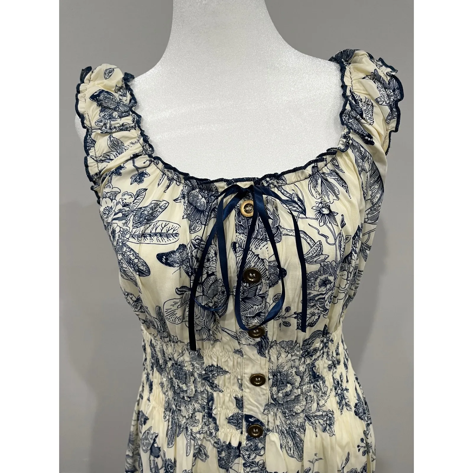 OSTOO Womens Cream Blue Floral Print Smocked Square Neck Maxi Dress M Size M - Image 2