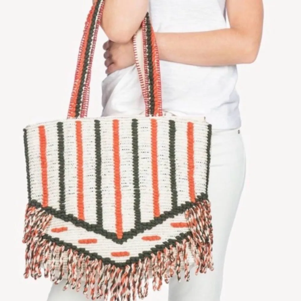 Lilla P Cotton Lurex Coral Cream Silver Metallic Stripe Crochet Beach Tote Bag L Orange - Image 1